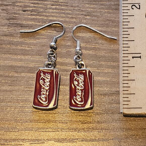 Coca Cola Soda Can Dangle Earrings Red & Silver - Picture 5 of 6